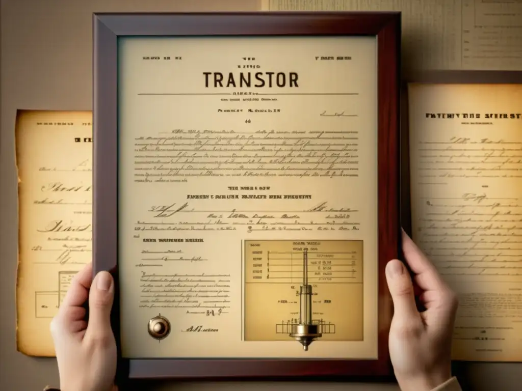 Una imagen nostálgica muestra la patente original del transistor, rodeada de instrumentos científicos vintage, iluminada por una suave luz cálida