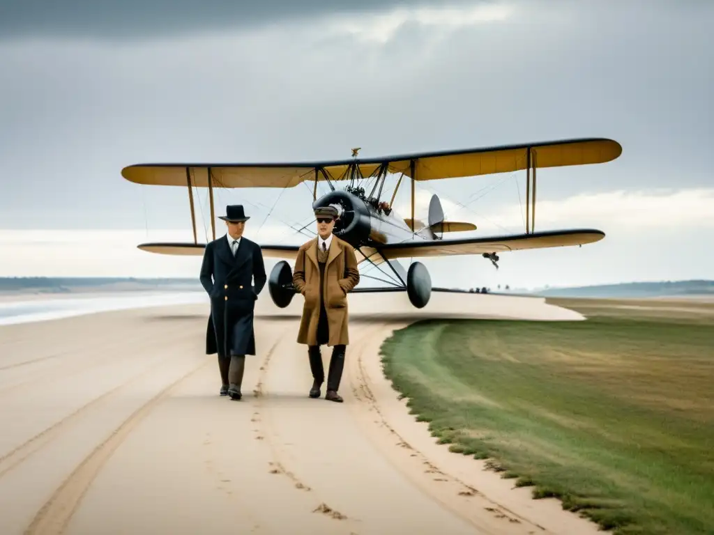 Imagen sepia del primer vuelo de los hermanos Wright en Kitty Hawk, con Orville al mando y Wilbur observando