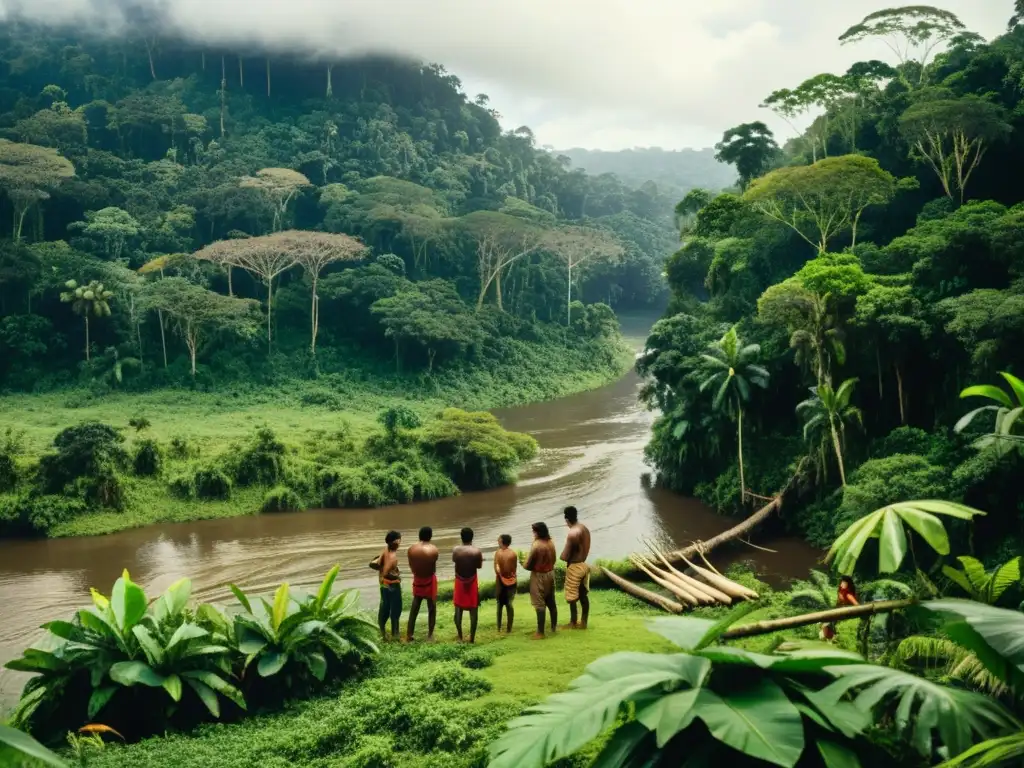 Una imagen de alta resolución muestra a un grupo de indígenas en la selva amazónica, realizando técnicas de supervivencia