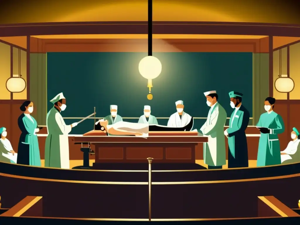 Teatro quirúrgico histórico: cirugía a la luz de las velas Imagen de ilustración vintage de un teatro quirúrgico histórico, con un cirujano realizando una operación mientras un grupo de espectadores, incluyendo profesionales médicos y curiosos, observa desde asientos elevados