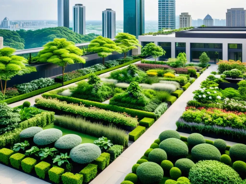 La imagen muestra la evolución de techos verdes en una urbanización ecológica con exuberantes jardines en la azotea y arquitectura moderna