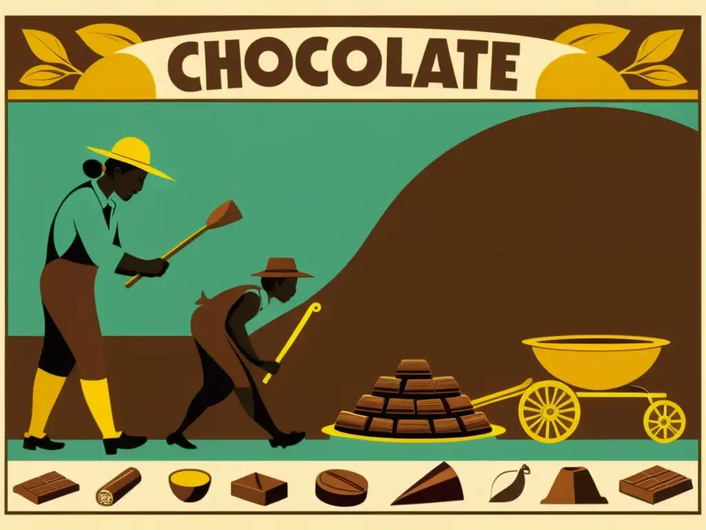 Imagen de la evolución tecnológica del chocolate con ilustraciones detalladas de la cosecha, tostado, molienda y conchado del cacao