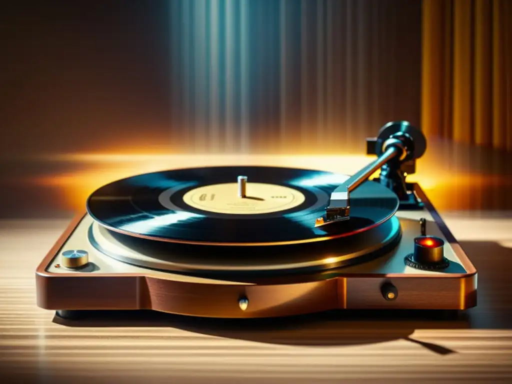 Imagen 8k de un tocadiscos vintage con un vinilo girando, iluminado con una cálida luz nostálgica que resalta el diseño retro y la textura del disco