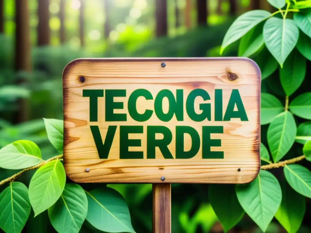 Imagen de bosque verde exuberante con letrero de madera 'Tecnología Verde' entre la vegetación