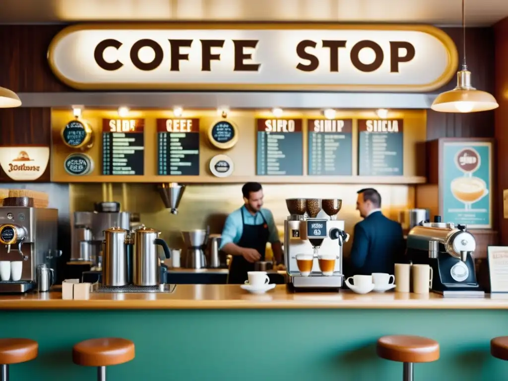 Imagen vintage en 8k de una animada cafetería en los años 60, con métodos revolucionarios de preparación de café y una cálida atmósfera retro