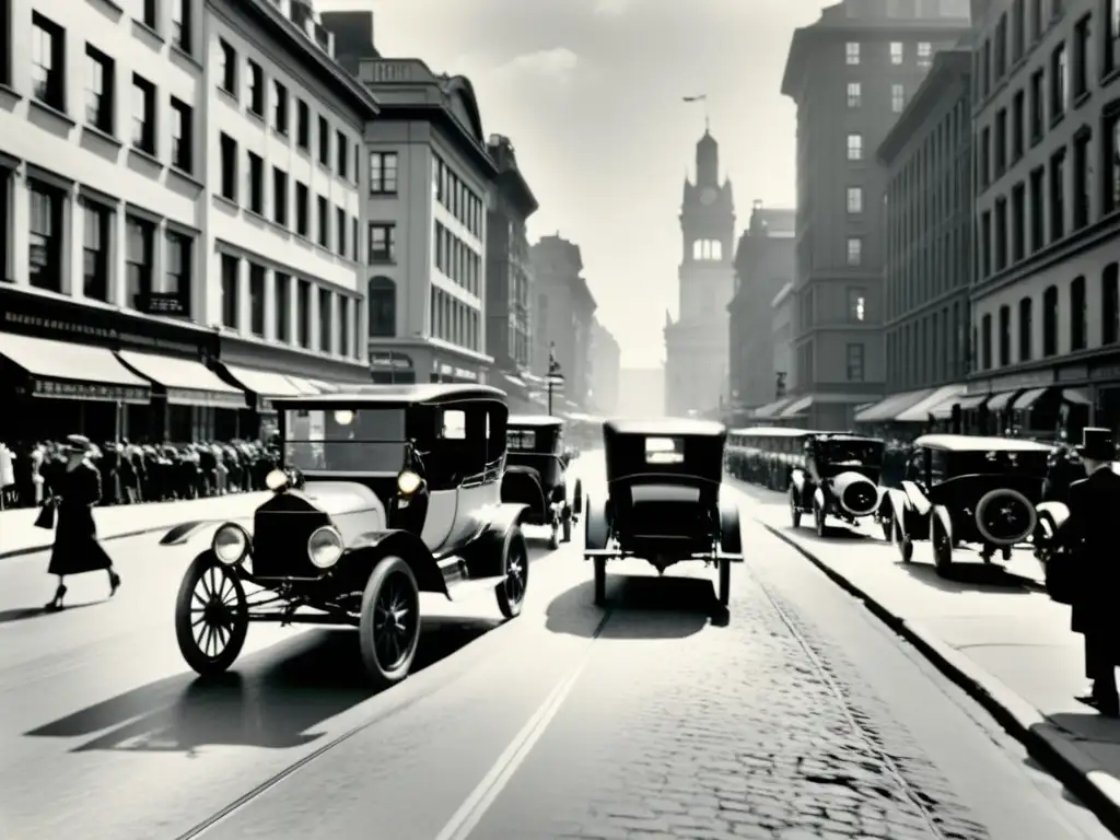 Imagen vintage de una animada calle de la ciudad en los años 1900, mostrando la evolución de vehículos eléctricos en la historia urbana