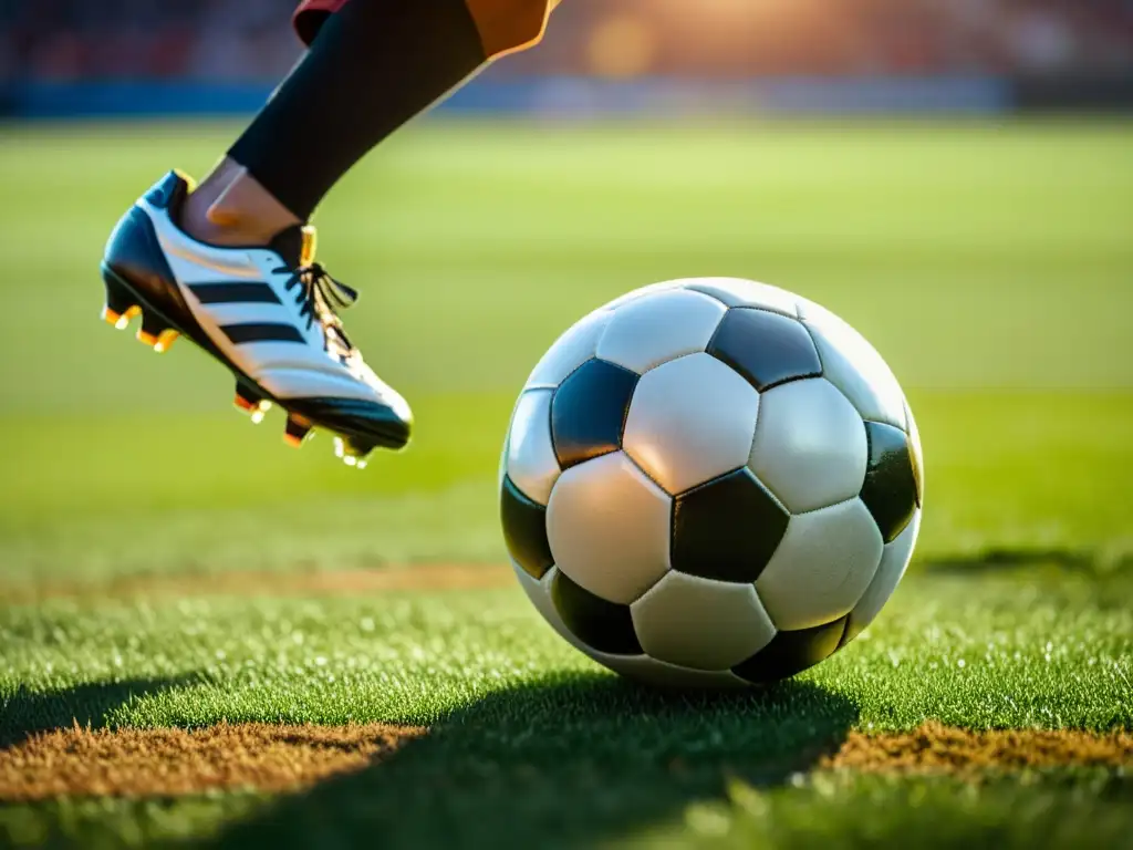 Imagen vintage de un balón de fútbol suspendido en el aire, listo para ser chutado por un jugador, con una cálida luz solar sobre el campo