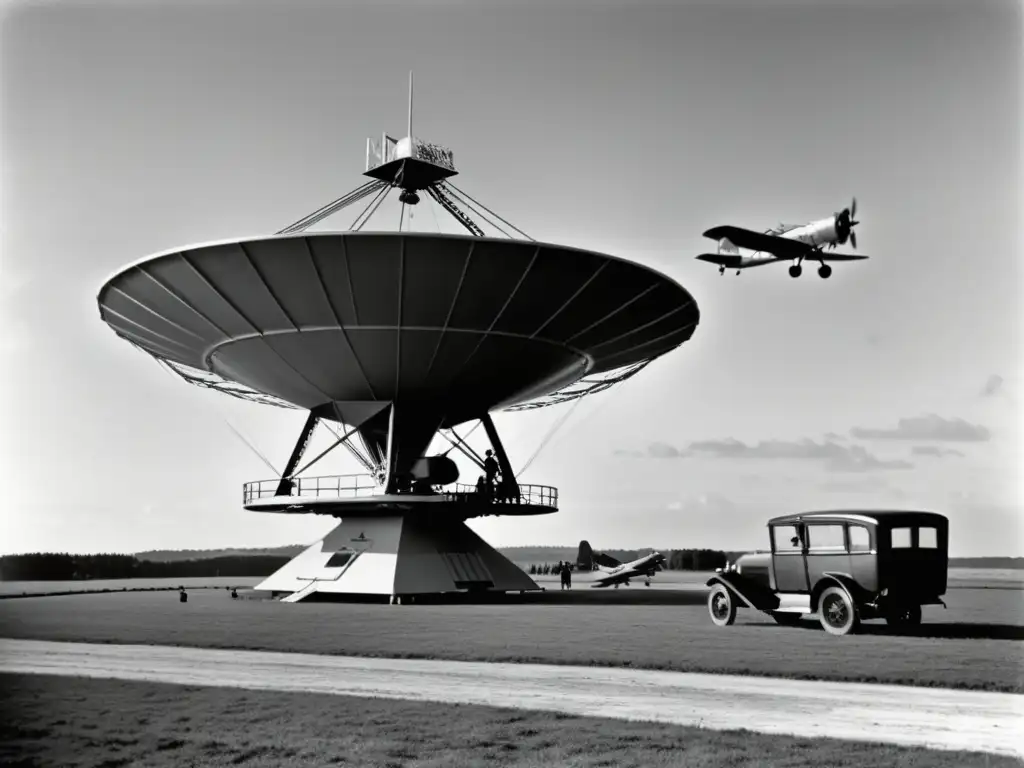 Imagen vintage en blanco y negro de una instalación de radar en un campo de aviación del siglo XX