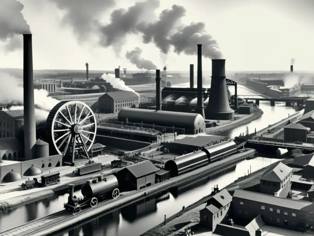 Imagen vintage en blanco y negro de una bulliciosa ciudad de la revolución industrial con energía hidráulica historia tecnología innovadora