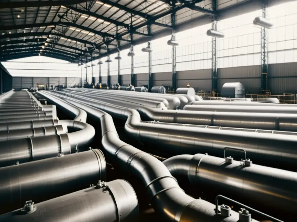 Imagen vintage en blanco y negro de almacén industrial con tanques de metal