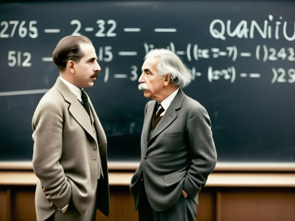 Imagen vintage en blanco y negro de Niels Bohr y Albert Einstein debatiendo en la Conferencia Solvay de 1927, con ecuaciones cuánticas