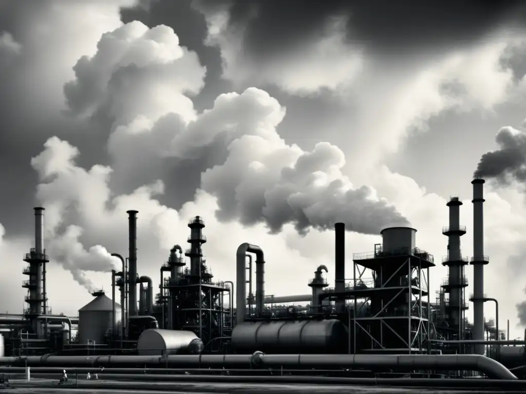 Imagen vintage en blanco y negro de una bulliciosa refinería de petróleo, con grandes chimeneas expulsando densas nubes de humo al cielo