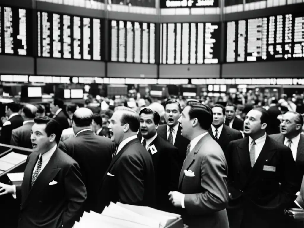 Imagen vintage en blanco y negro de una bulliciosa sala de bolsa, con traders gestuales y gritos