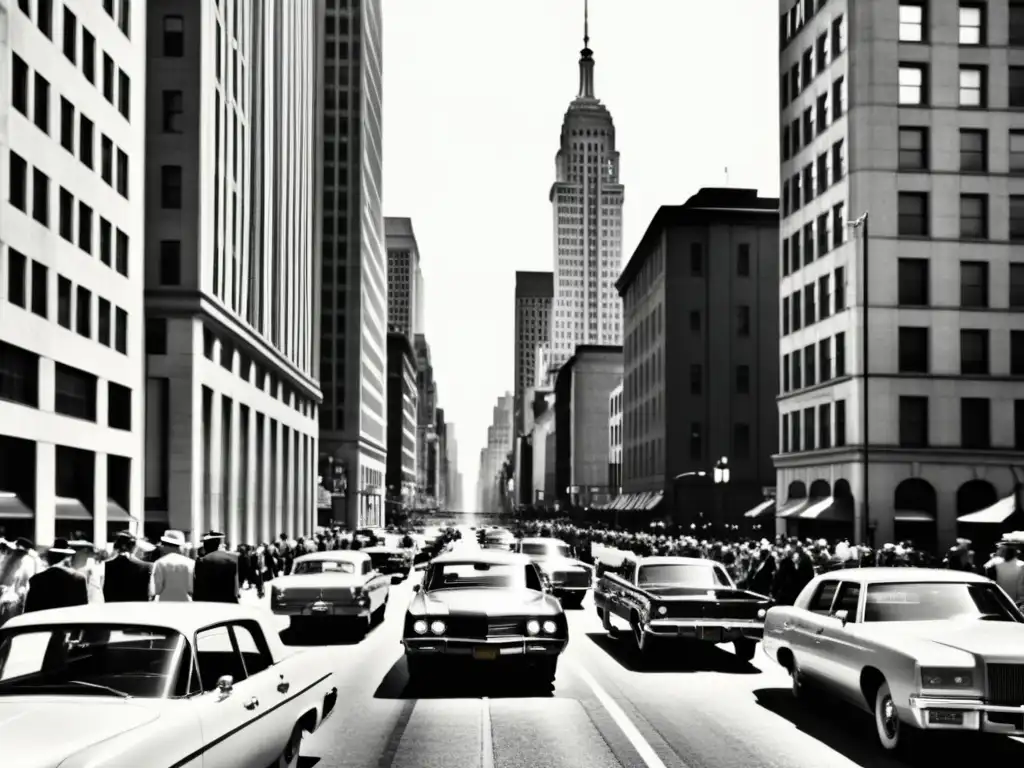 Imagen vintage en blanco y negro de una bulliciosa calle urbana con rascacielos imponentes