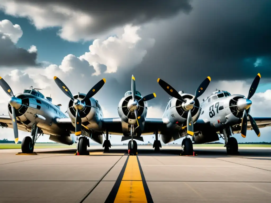 Imagen vintage en blanco y negro de B17 Flying Fortress en la Segunda Guerra Mundial, mostrando el desarrollo tecnológico aeronáutico