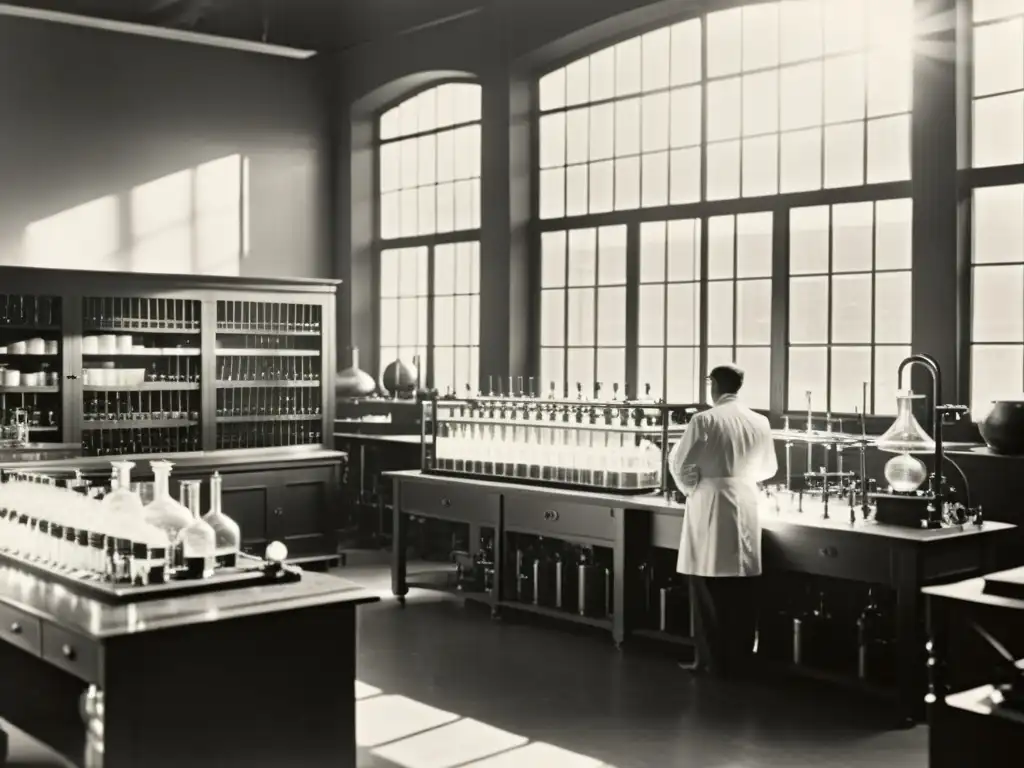 Imagen vintage en blanco y negro de científicos en un laboratorio del siglo XX, trabajando con hitos y dispositivos cuánticos en la historia