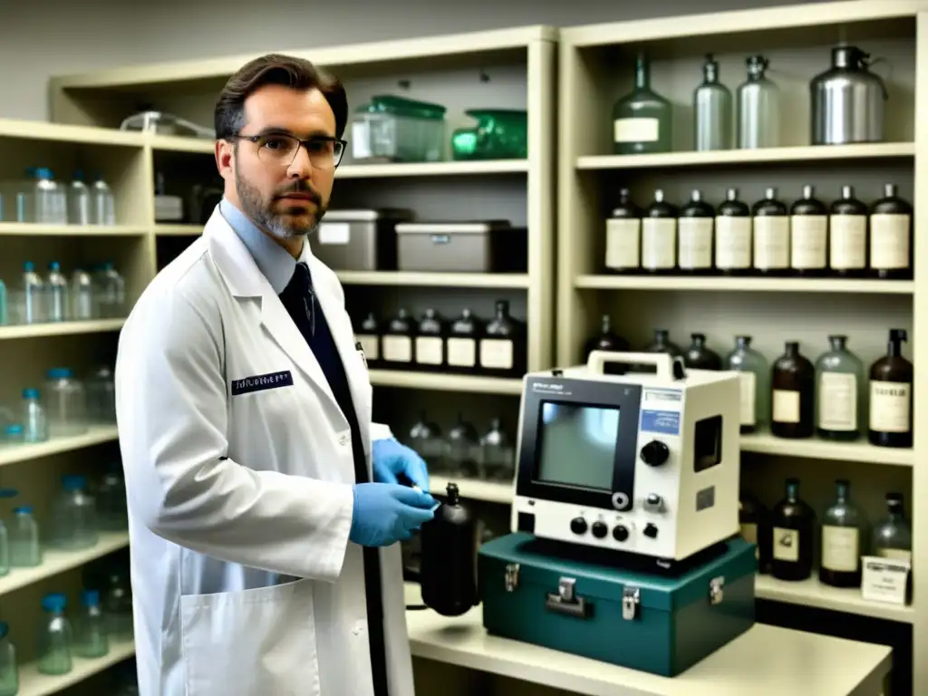 Imagen vintage en blanco y negro de un profesional médico con un desfibrilador, evocando la evolución del desfibrilador en la historia de la medicina