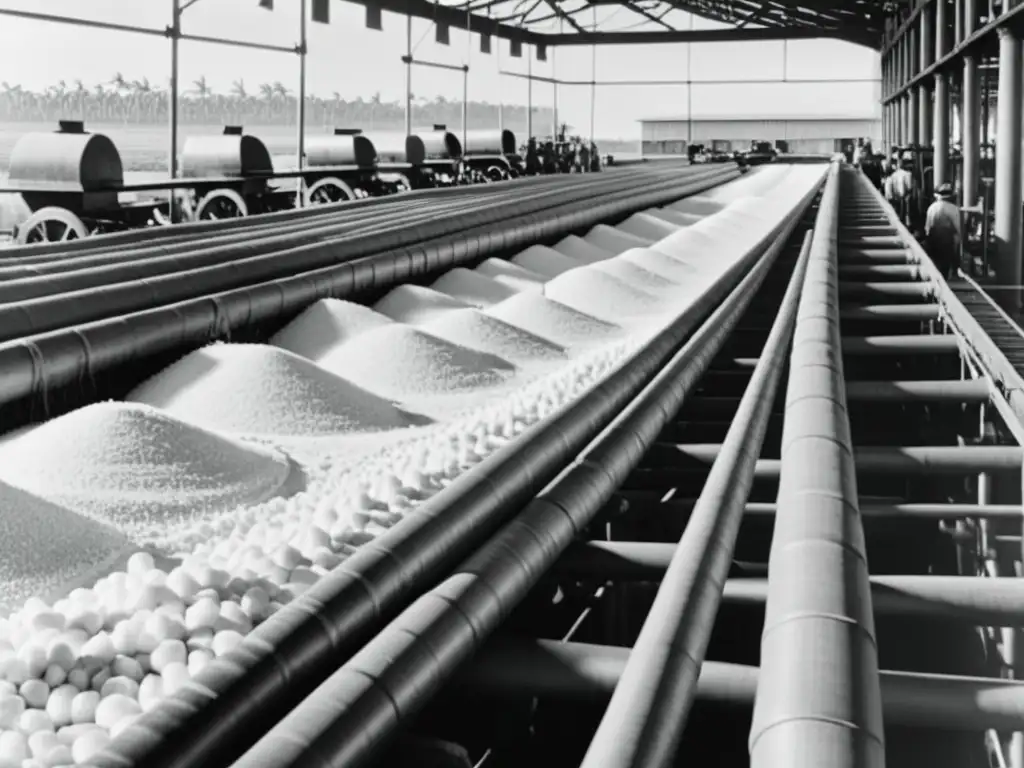 Una imagen vintage en blanco y negro de una planta industrial de procesamiento de caña de azúcar, con maquinaria y trabajadores