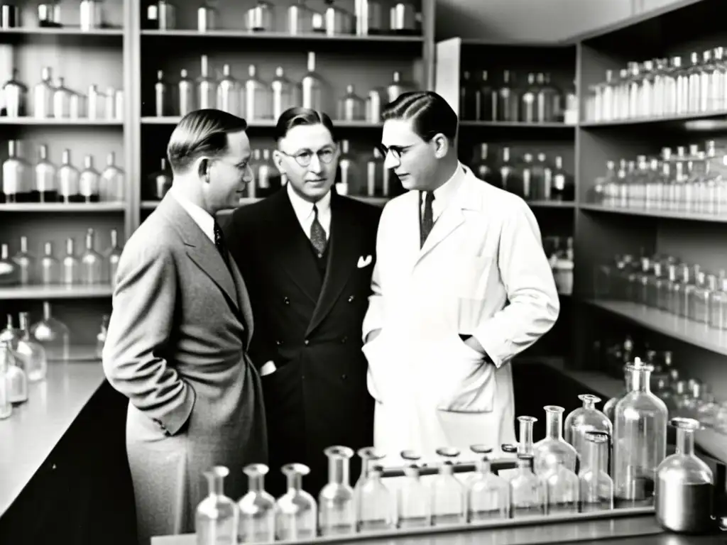 Imagen vintage en blanco y negro del descubrimiento de la insulina para diabetes en el laboratorio de la Universidad de Toronto, con Dr