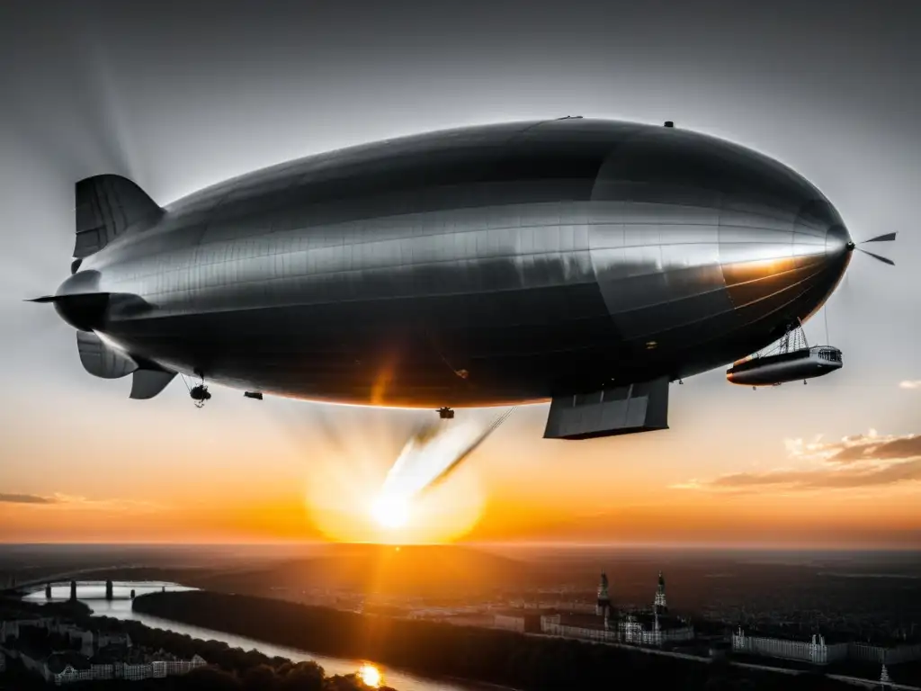 Imagen vintage en blanco y negro del Zeppelin Hindenburg volando al atardecer, evocando la historia del transporte de lujo en la era de los zeppelines