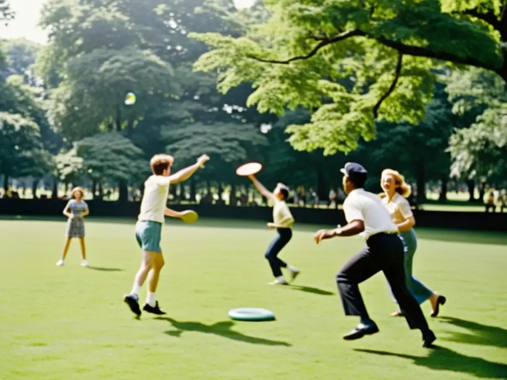 Imagen vintage en blanco y negro de personas jugando frisbee en un parque durante los años 60