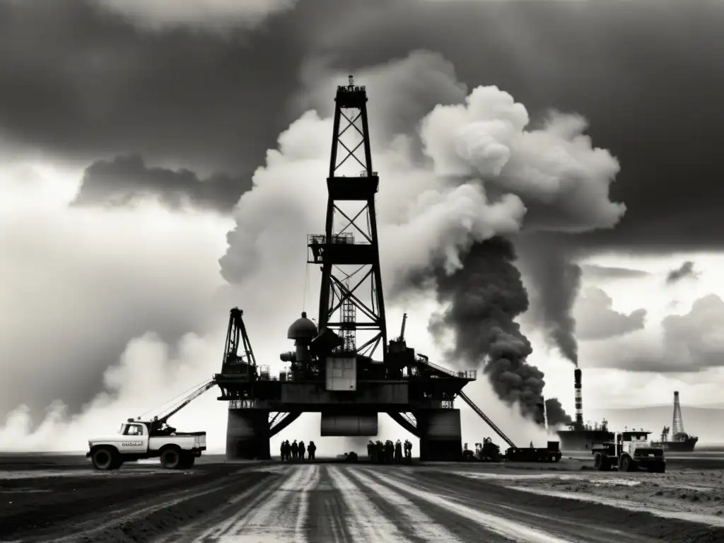 Imagen vintage en blanco y negro de una plataforma petrolera en un paisaje desolado, trabajadores con overoles y cascos antiguos