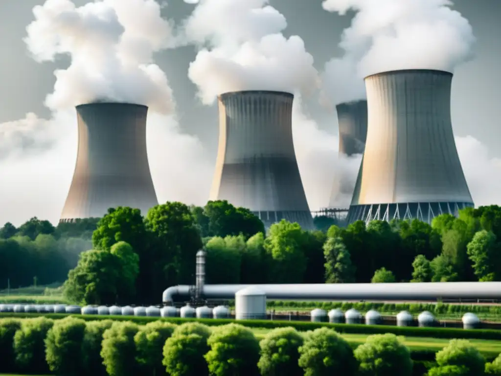 Imagen vintage en blanco y negro de una central nuclear rodeada de naturaleza, con trabajadores monitoreando