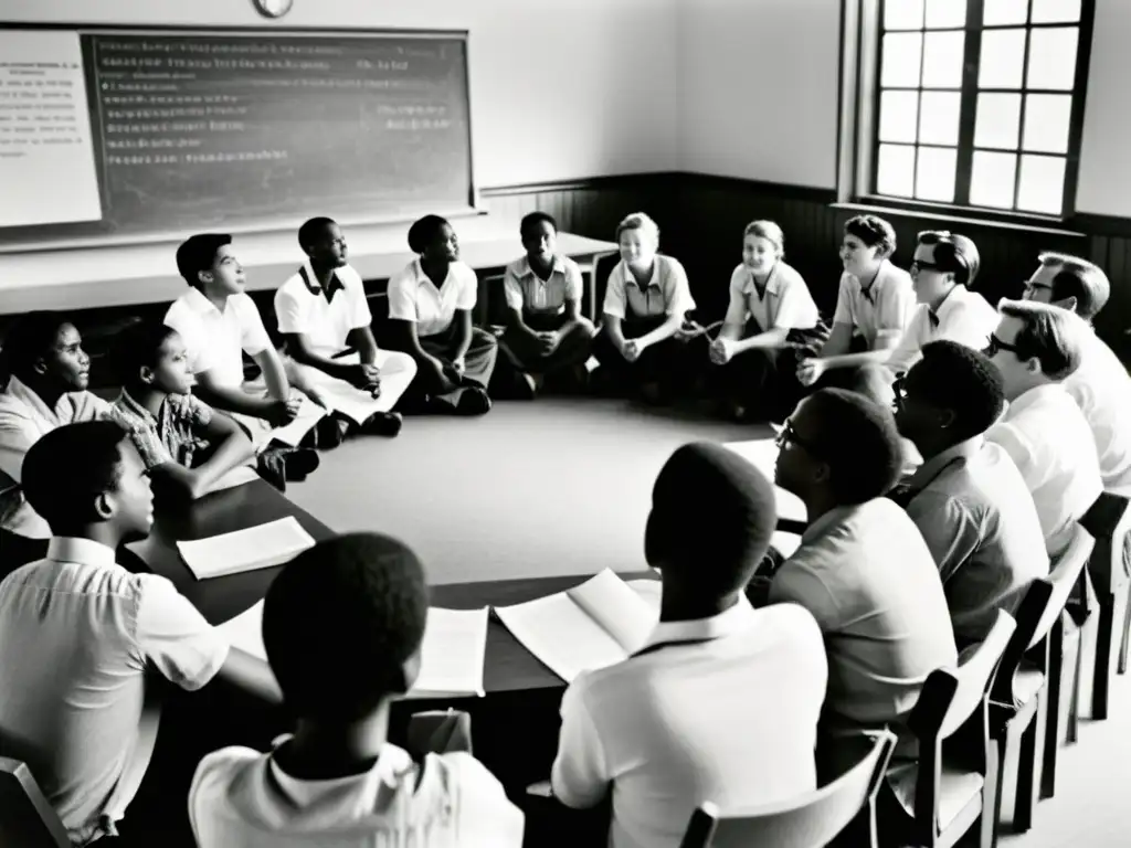 Imagen vintage en blanco y negro de un grupo diverso de estudiantes participando activamente en un animado debate en un salón de clases tradicional