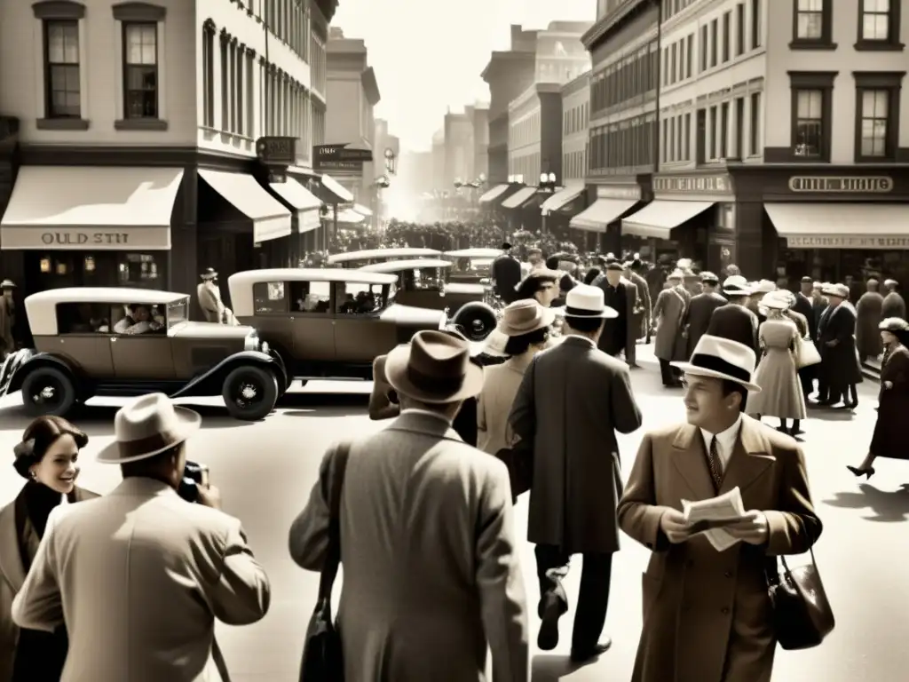 Imagen vintage de una bulliciosa calle de la ciudad en el siglo XX, con gente conversando, periódicos y teléfonos antiguos