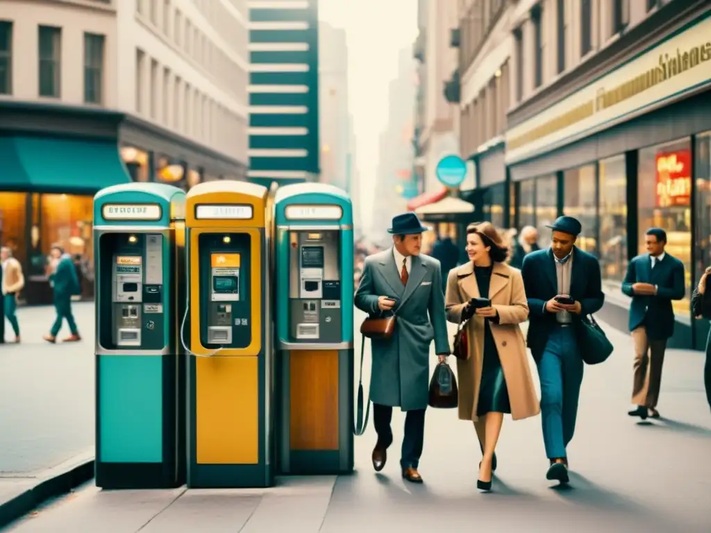 Imagen vintage de una bulliciosa calle de la ciudad con personas usando cabinas telefónicas, mientras algunos sostienen móviles vintage, mostrando el impacto de los smartphones en la interacción social