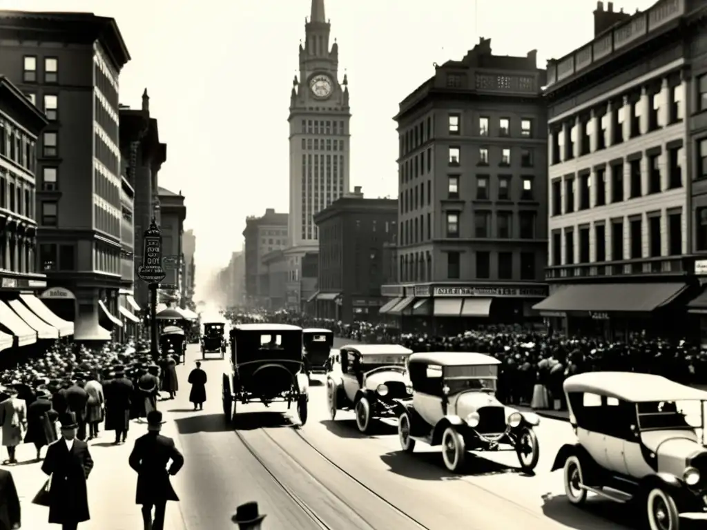 Imagen vintage de una bulliciosa calle de la ciudad a principios del siglo XX, mostrando la influencia de la dinamo en energía renovable