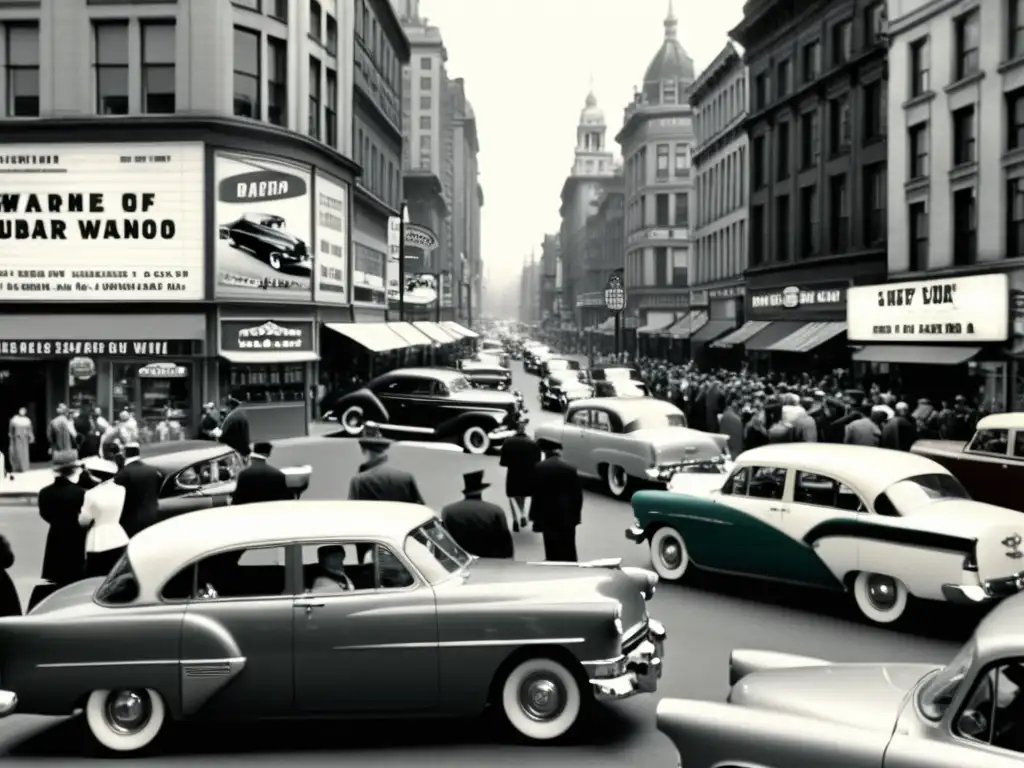 Imagen vintage de una bulliciosa calle de la ciudad en los años 50, con personas vestidas de época y autos antiguos