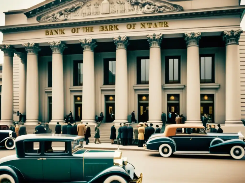 Imagen vintage de una bulliciosa calle de la ciudad, con personas esperando afuera de un banco