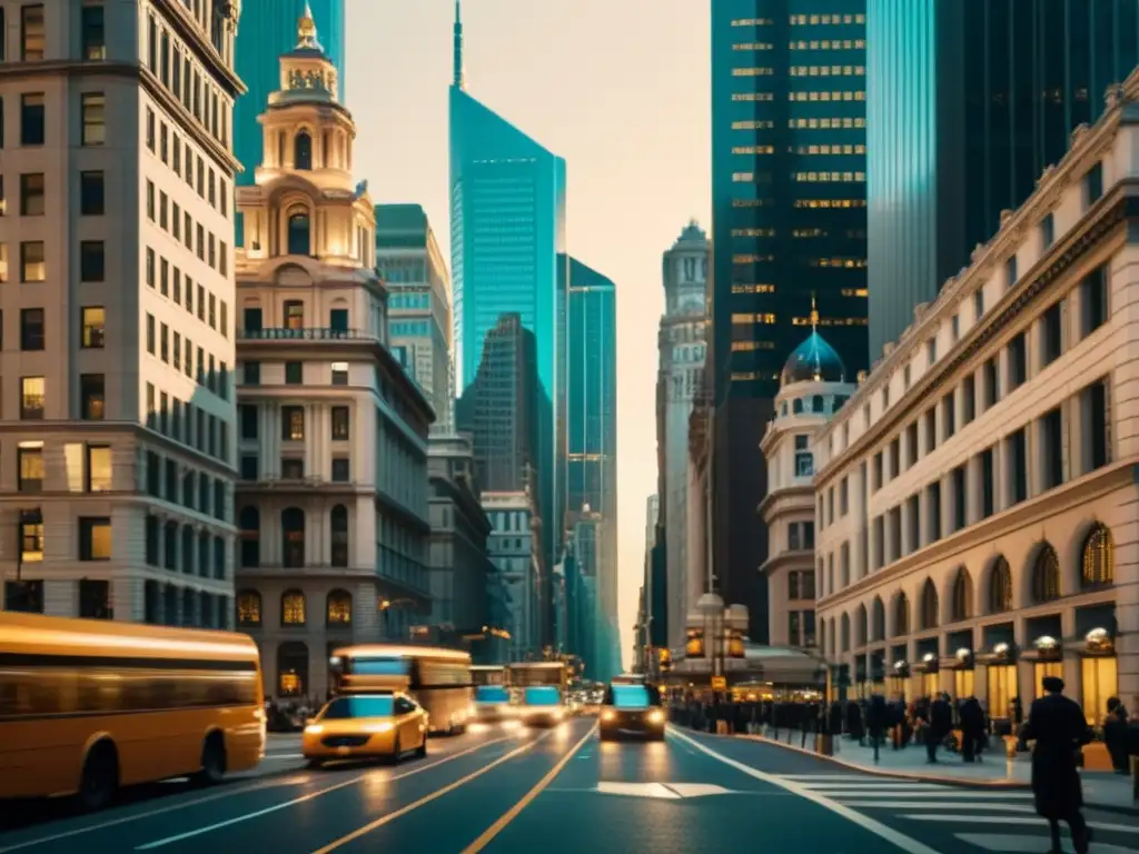 Imagen vintage de una bulliciosa calle de la ciudad con rascacielos futuristas y arquitectura clásica