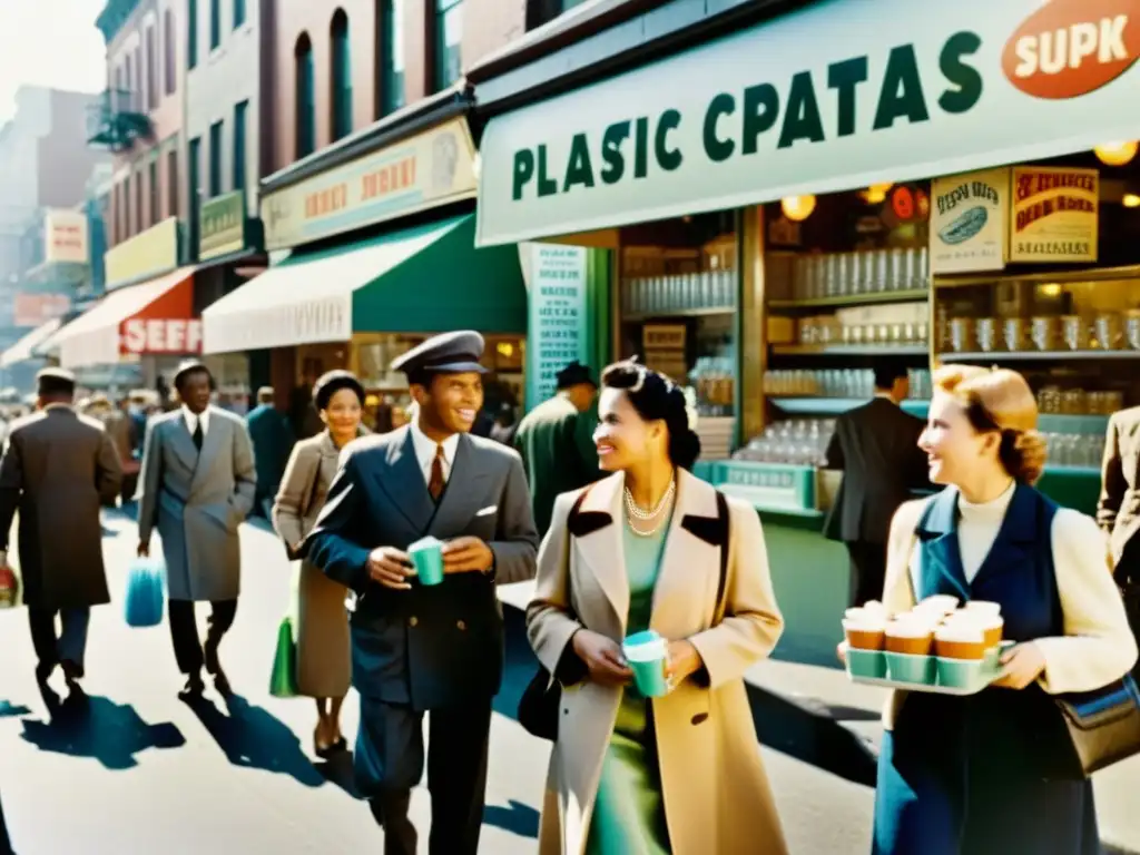 Imagen vintage de una bulliciosa calle de la ciudad en el siglo XX, reflejando la influencia de polímeros en sociedad