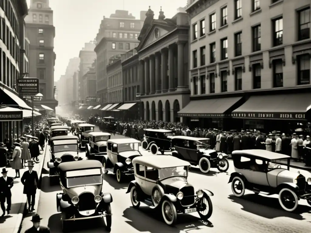 Imagen vintage de una bulliciosa calle de la ciudad en los años 20, mostrando la evolución del transporte personal no contaminante