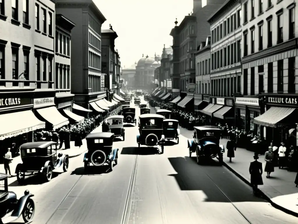 Imagen vintage de una bulliciosa calle de la ciudad en el siglo XX con vehículos eléctricos