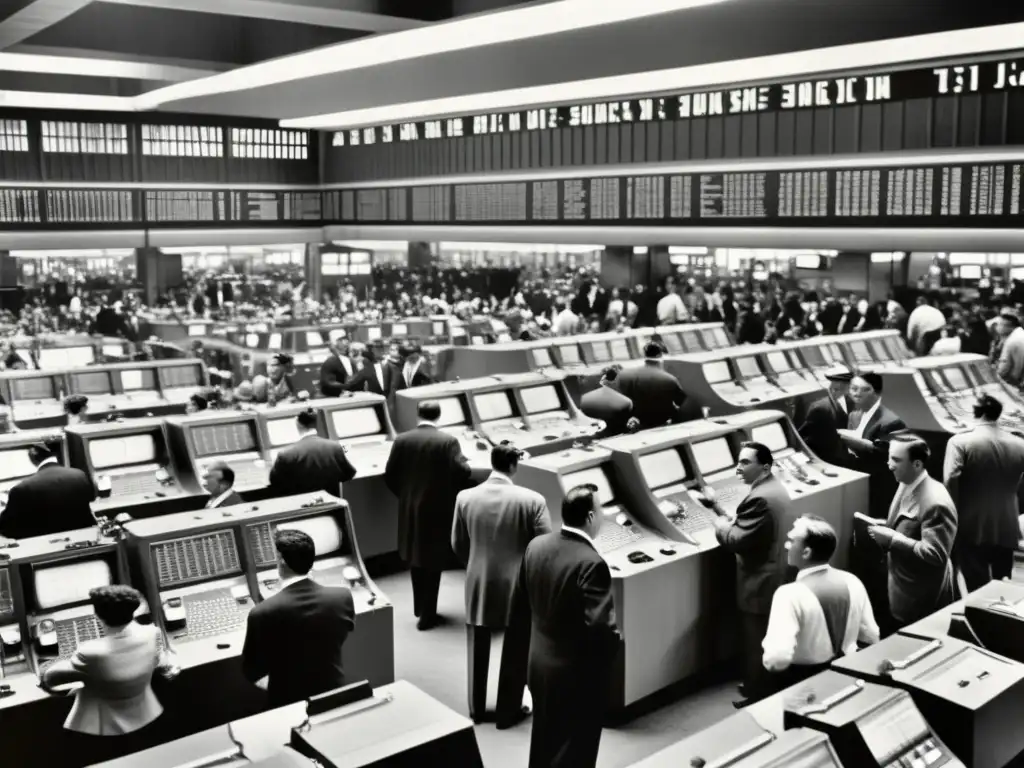 Imagen vintage de una bulliciosa sala de operaciones de la bolsa, evocando el desarrollo histórico del Blockchain con traders y tecnología vintage