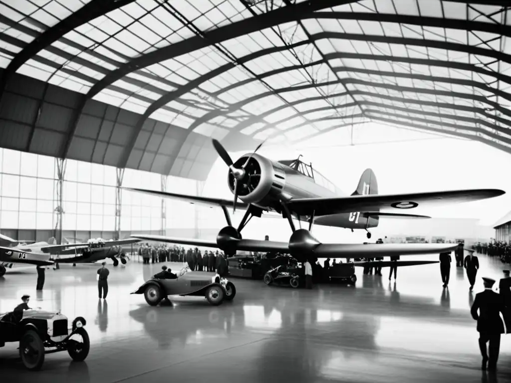 Imagen vintage de un bullicioso hangar de aeropuerto, trabajadores con atuendos clásicos rodeados de aviones y biplanos