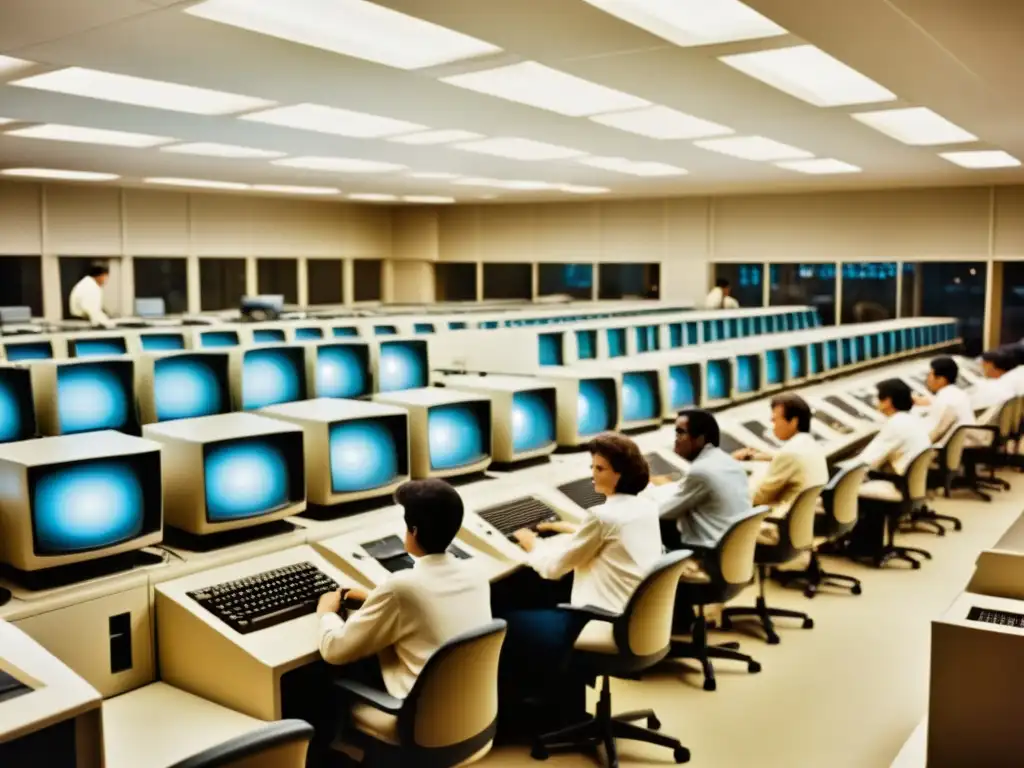 Imagen vintage de un bullicioso laboratorio de computación de los años 80, con personas concentradas en sus tareas