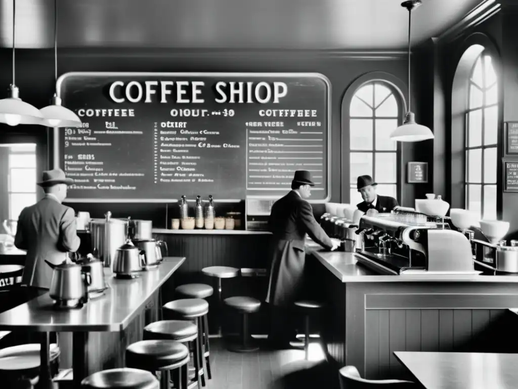 Imagen vintage de una cafetería bulliciosa del siglo XX con clientes elegantes disfrutando del café