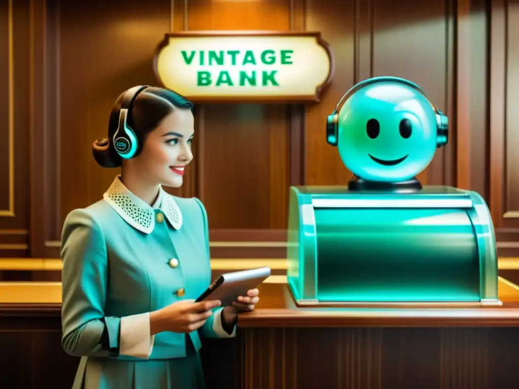 Imagen vintage de cajero atendiendo cliente, con chatbot financiero traslúcido, fusionando lo clásico con lo moderno en la atención al cliente