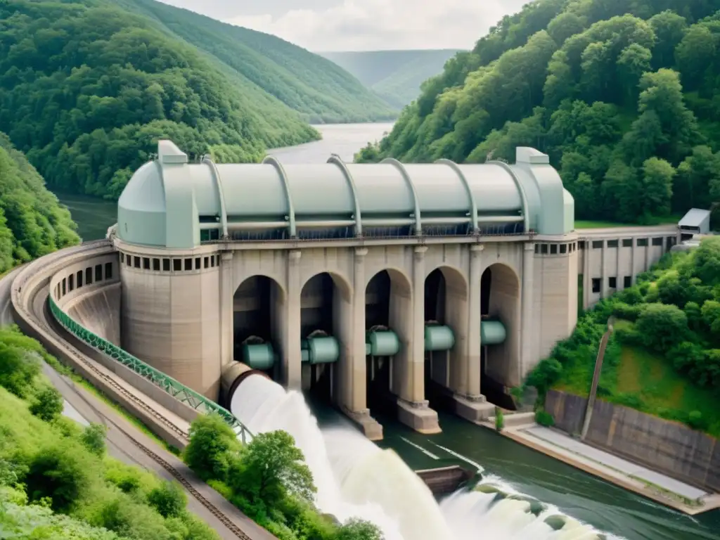 Imagen vintage de una central hidroeléctrica histórica en un valle exuberante, destacando la innovadora tecnología de energía hidráulica