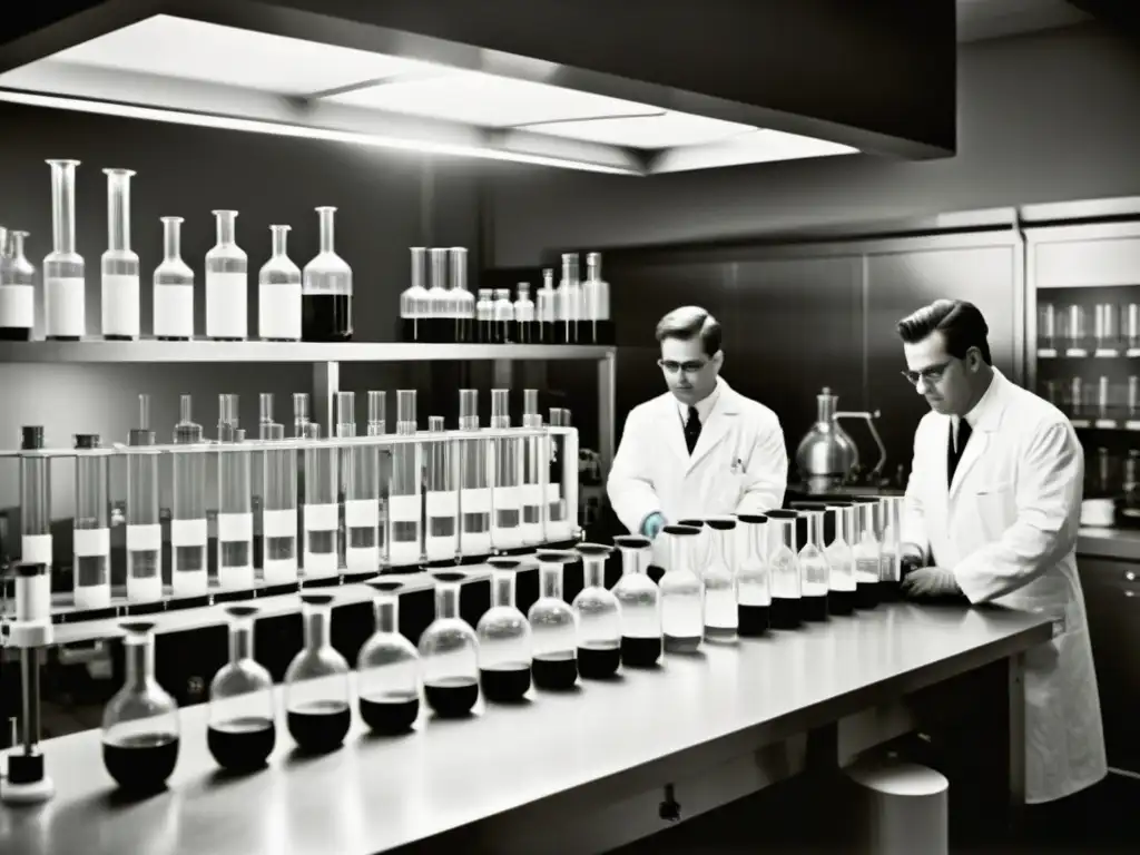 Imagen vintage de científicos en un laboratorio extrayendo insulina de páncreas de animales, evocando la historia de la insulina en diabetes