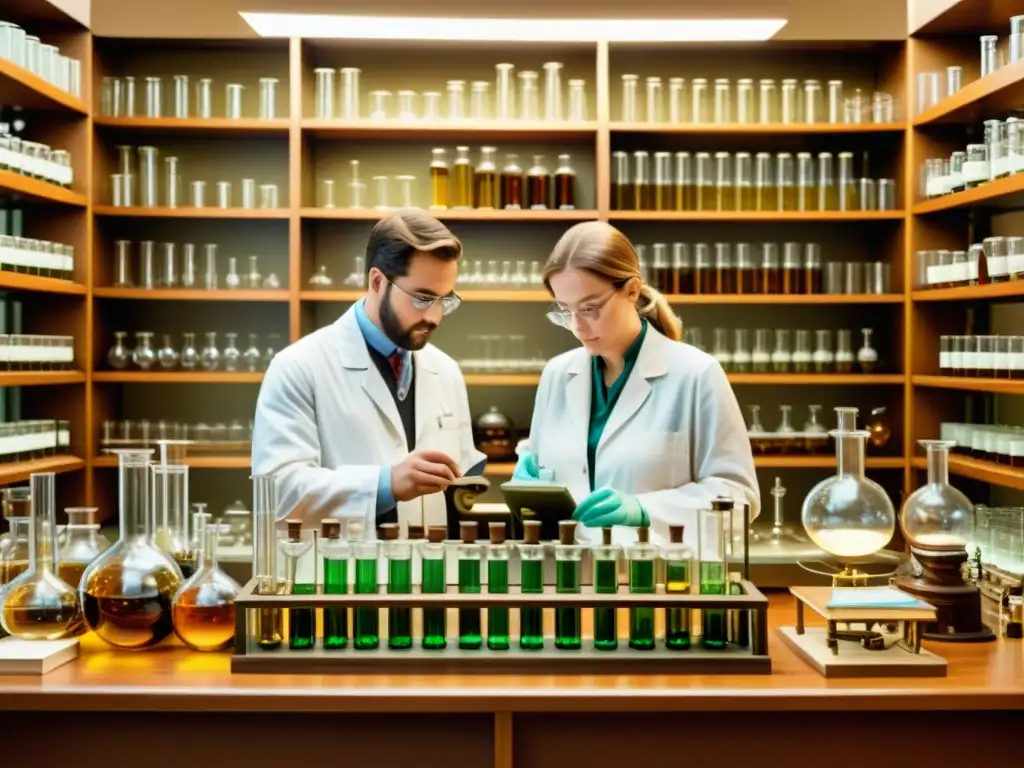 Imagen vintage de científicos en un laboratorio, manipulando tubos de ensayo y observando reacciones