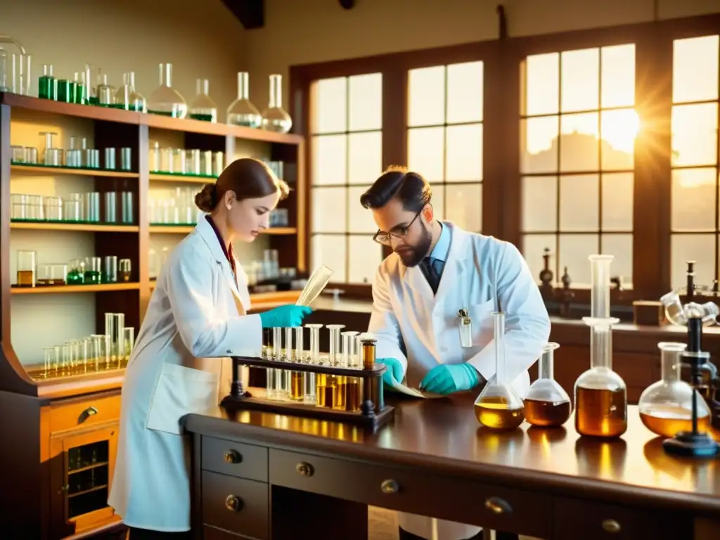 Imagen vintage de científicos en un laboratorio del siglo XX, trabajando con equipo científico