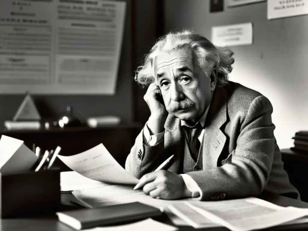 Imagen vintage de Albert Einstein concentrado en su trabajo, rodeado de ecuaciones en su escritorio