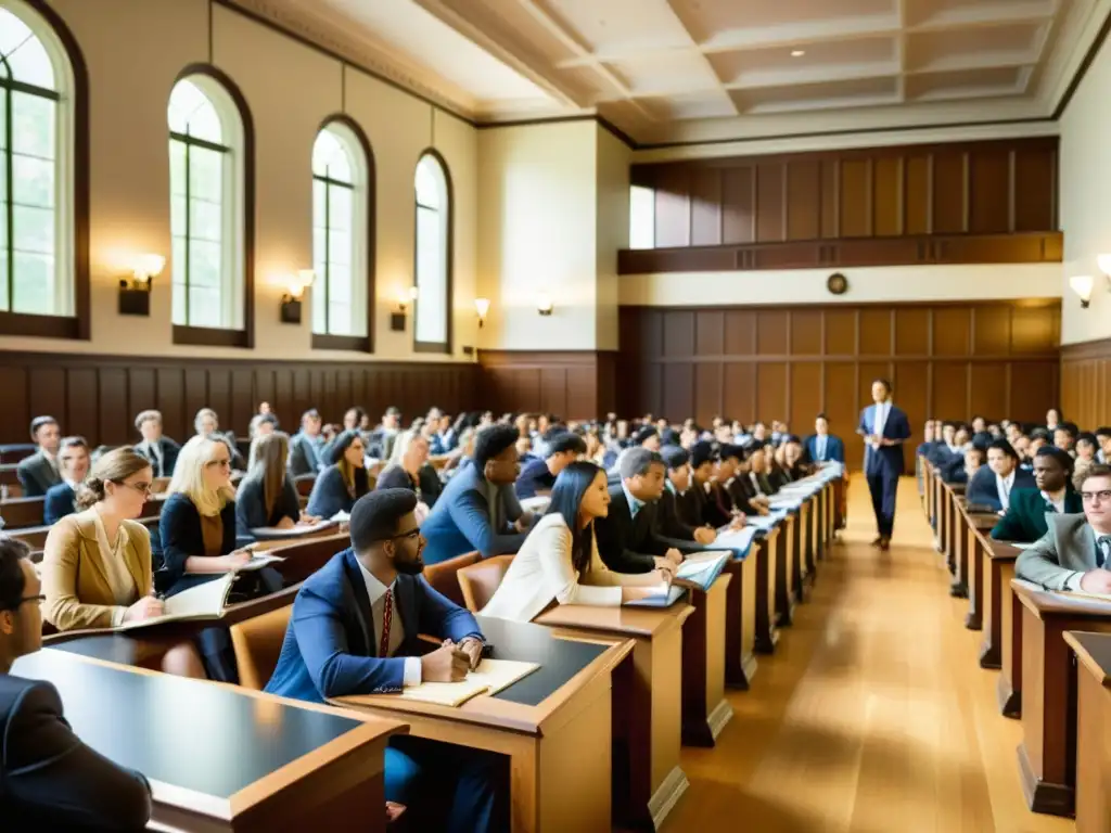 Imagen vintage de una concurrida aula con estudiantes tomando apuntes, mientras un profesor apasionado imparte una cautivadora conferencia