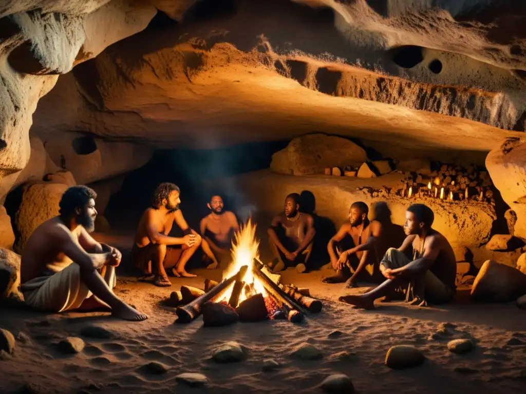 Una imagen vintage de una cueva antigua iluminada por una fogata, mostrando la evolución de la iluminación humana en la prehistoria