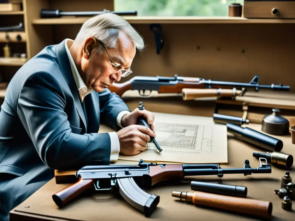 Imagen vintage de Mikhail Kalashnikov trabajando en el diseño inicial del AK47 en un taller tenue, capturando la esencia de su origen y evolución